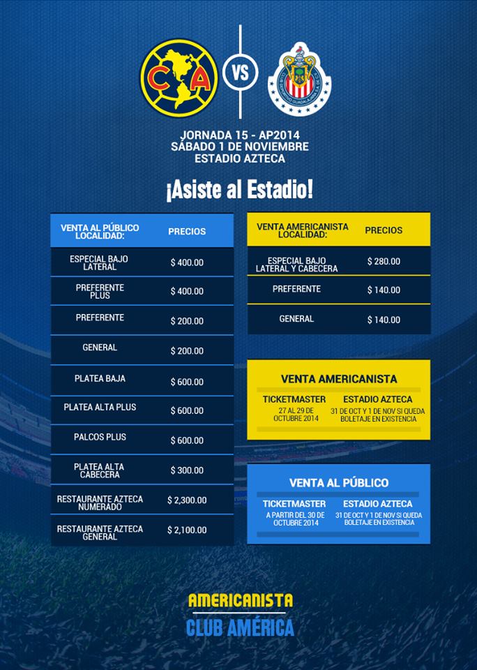 Precios de los boletos América vs Chivas Clásico de Clásicos * Club