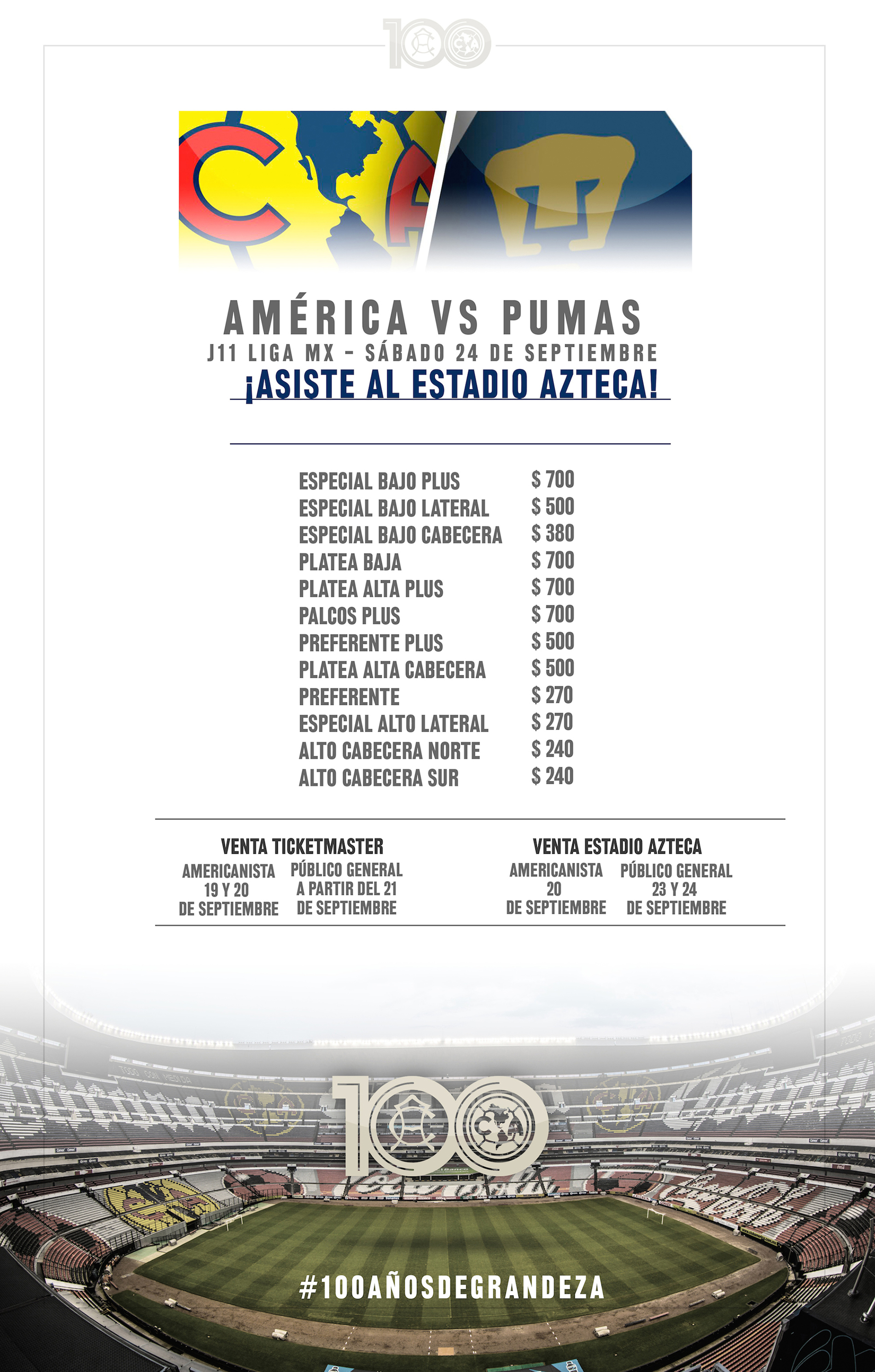 Precios de los boletos América vs Pumas